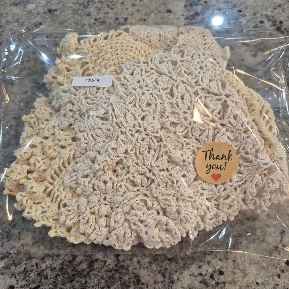 Crochet, 6 Vintage Large White & Ecru Cotton Doilies, Handmade